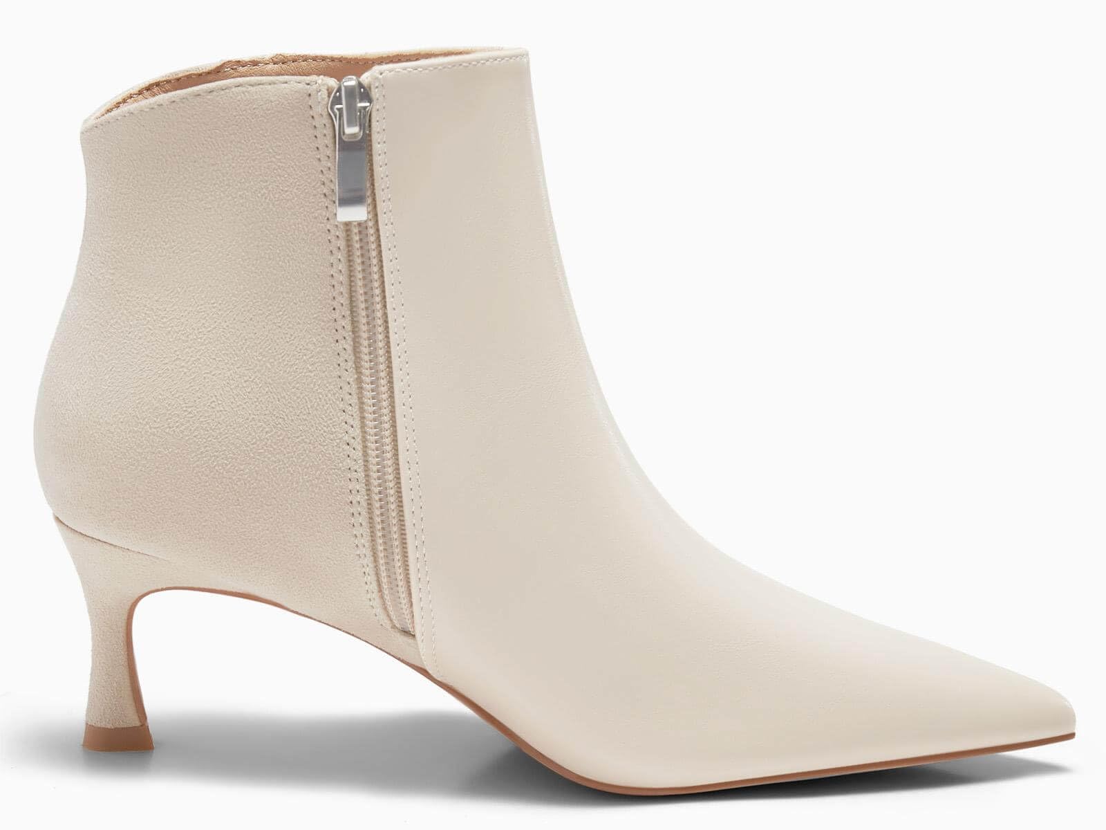 Coutgo Womens Kitten Heel Ankle Boots Pointed Toe Side Zipper Fall Winter Booties Shoes, Beige, Size 7.5