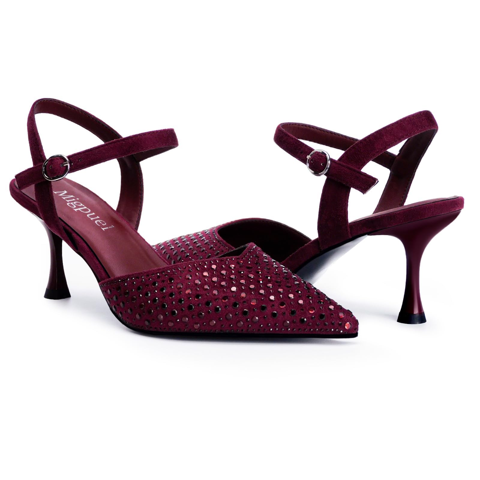 Migpuel Rhinestone Kitten Heels for Women Closed Pointed Toe Stiletto Heels Ankle Strap Buckle Prom Party Wedding Office Work Elegant Dress Pumps Shoes(Burgundy_Suede,7)