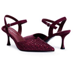 Load image into Gallery viewer, Migpuel Rhinestone Kitten Heels for Women Closed Pointed Toe Stiletto Heels Ankle Strap Buckle Prom Party Wedding Office Work Elegant Dress Pumps Shoes(Burgundy_Suede,7)
