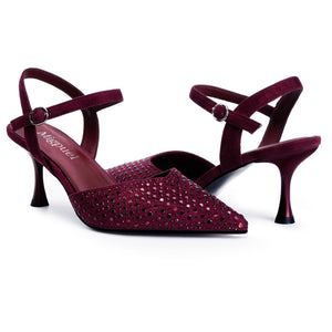 Migpuel Rhinestone Kitten Heels for Women Closed Pointed Toe Stiletto Heels Ankle Strap Buckle Prom Party Wedding Office Work Elegant Dress Pumps Shoes(Burgundy_Suede,7)