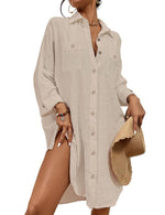 Load image into Gallery viewer, Bsubseach Womens Modern Swimsuit Cover Up Blouse Button Down Shirt Dresses Tops Apricot M
