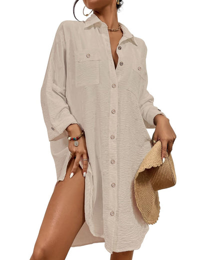 Bsubseach Womens Modern Swimsuit Cover Up Blouse Button Down Shirt Dresses Tops Apricot M