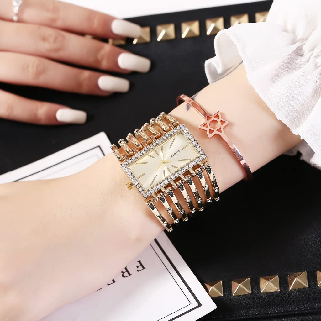 SENRUD Fashion Bracelet Watches for Women Luxury Rectangular Dial Analog Quartz Wrist Watch Gifts for Ladies (Diamond Gold)