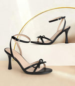 Load image into Gallery viewer, Ankis Black White Heels Bow Heel 3IN Strappy Kitten Heels for Women Ankle Strap Open Toe Wedding Bridal Dress Shoes Sandals
