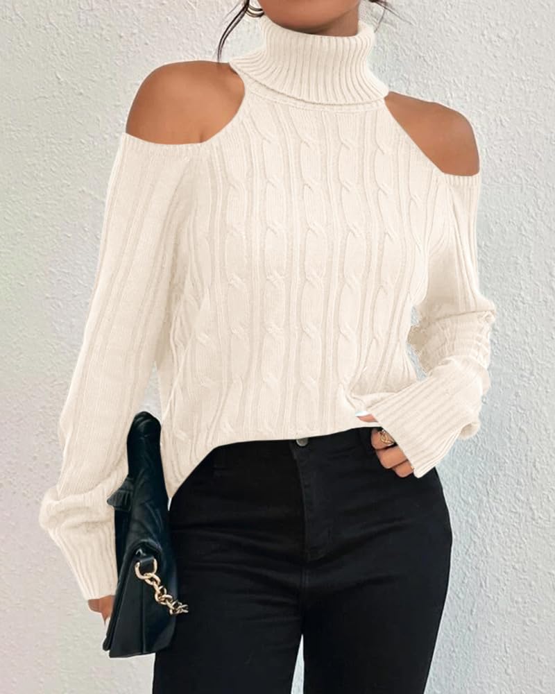 Langwyqu Womens Cold Shoulder Turtleneck Sweaters 2025 Fall Long Sleeve Soft Cable Knit Pullovers Sexy Jumper Tops Beige