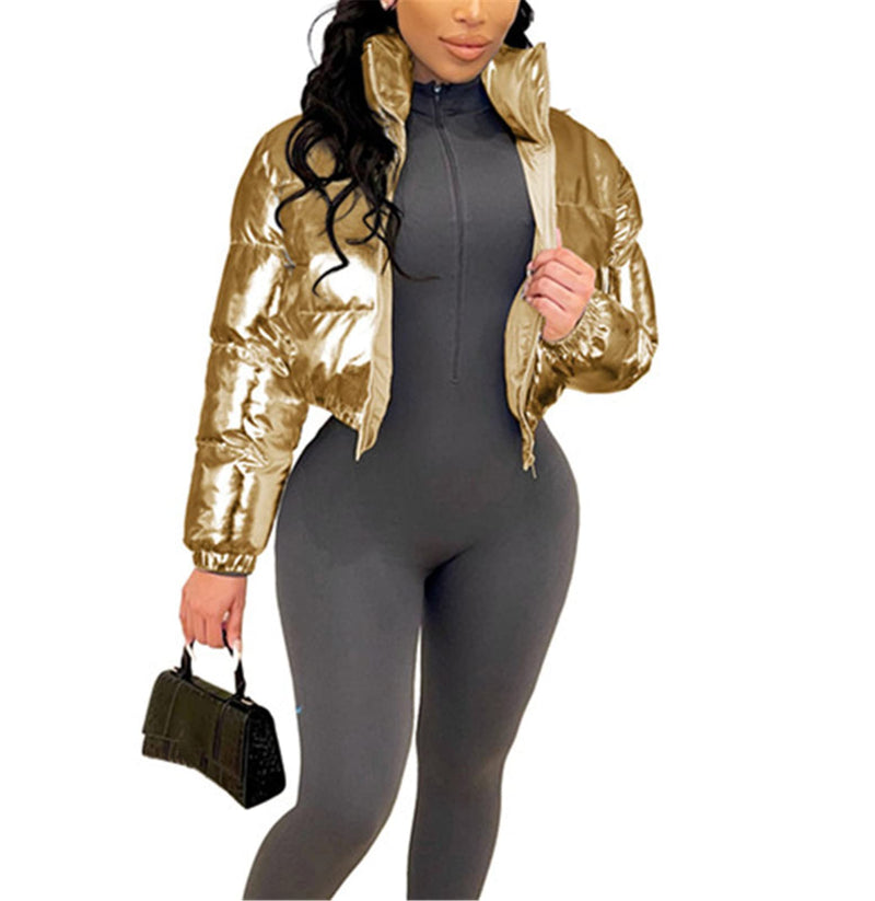 Halfword Women's Shiny Cropped Puffer Jacket Long Sleeve Solid Color Stand Neck Winter Down Coat