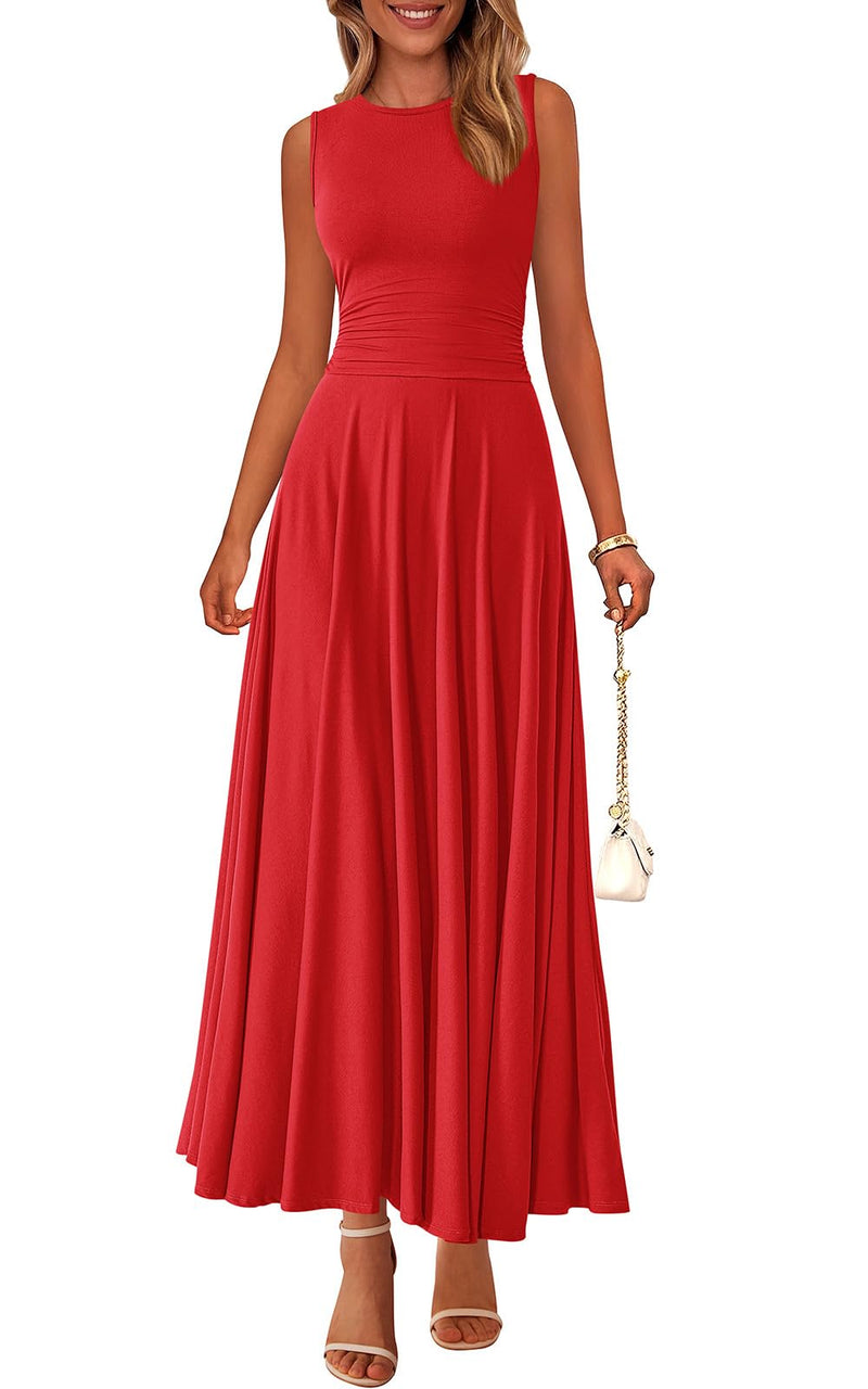 PRETTYGARDEN Womens Spring Dresses 2026 Casual Sleeveless Crewneck Aline Maxi Dress Stretch Tank Flowy Long Dresses (Red, Medium)