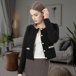 Load image into Gallery viewer, URBAN REVIVO Womens Cropped Cardigan Sweaters Open Front Casual Long Sleeve Knit Pearl Button Down Crew Neck Jacket 2025 Black, Medium
