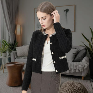 URBAN REVIVO Womens Cropped Cardigan Sweaters Open Front Casual Long Sleeve Knit Pearl Button Down Crew Neck Jacket 2025 Black, Medium