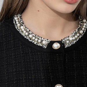 URBAN REVIVO Womens Cropped Cardigan Sweaters Open Front Casual Long Sleeve Knit Pearl Button Down Crew Neck Jacket 2025 Black, Medium
