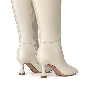 Athlefit Women's Knee High Boots Kitten Heel Square Toe Tall Boots Fashion Dress Stiletto Heeled Beige Long Booties Size 9.5