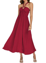 Load image into Gallery viewer, Long Flowy Dresses for Women 2026 Red Beach Vacation Resort Wear Ladies Sexy Cute Low Back Halter Maxi High Waisted Full Length Dress M
