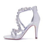 Load image into Gallery viewer, Women&#39;s Bridal Wedding Sandals High Heels Crystal Satin Ankle Strap Rhinestones Zipper Back Formal Evening Prom Party Dress Shoes Pumps Burgundy
