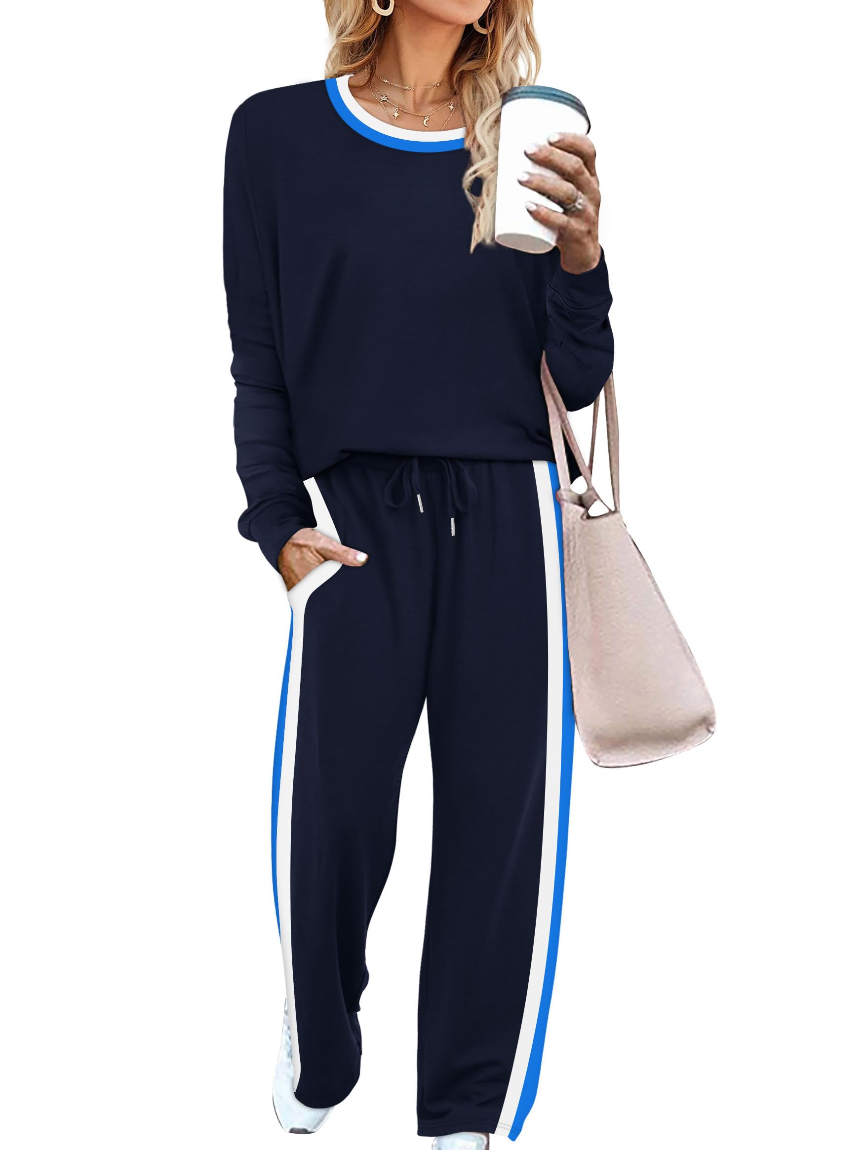 WIHOLL Lounge Sets for Women 2 Piece Winter Clothing 2025 Fall Outfits Fashion Cute Long Sleeve Tops Shirts Vacation Travel Cruise Airport Pajama Navy Blue M