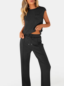 ANRABESS Two Piece Sets for Women Summer Sleeveless Sweatsuits Wide Leg Casual Lounge Set Matching Vacation Travel Outfits Medium