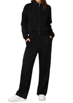 Load image into Gallery viewer, XIEERDUO Lounge Sets for Women 2025 Two Piece Beach Vacation Clothes Winter Essentials Luxury Women Fashion Zip Up Sweatshirt Sweatsuits Travel Outfits Wide Leg Sweatpant Black M
