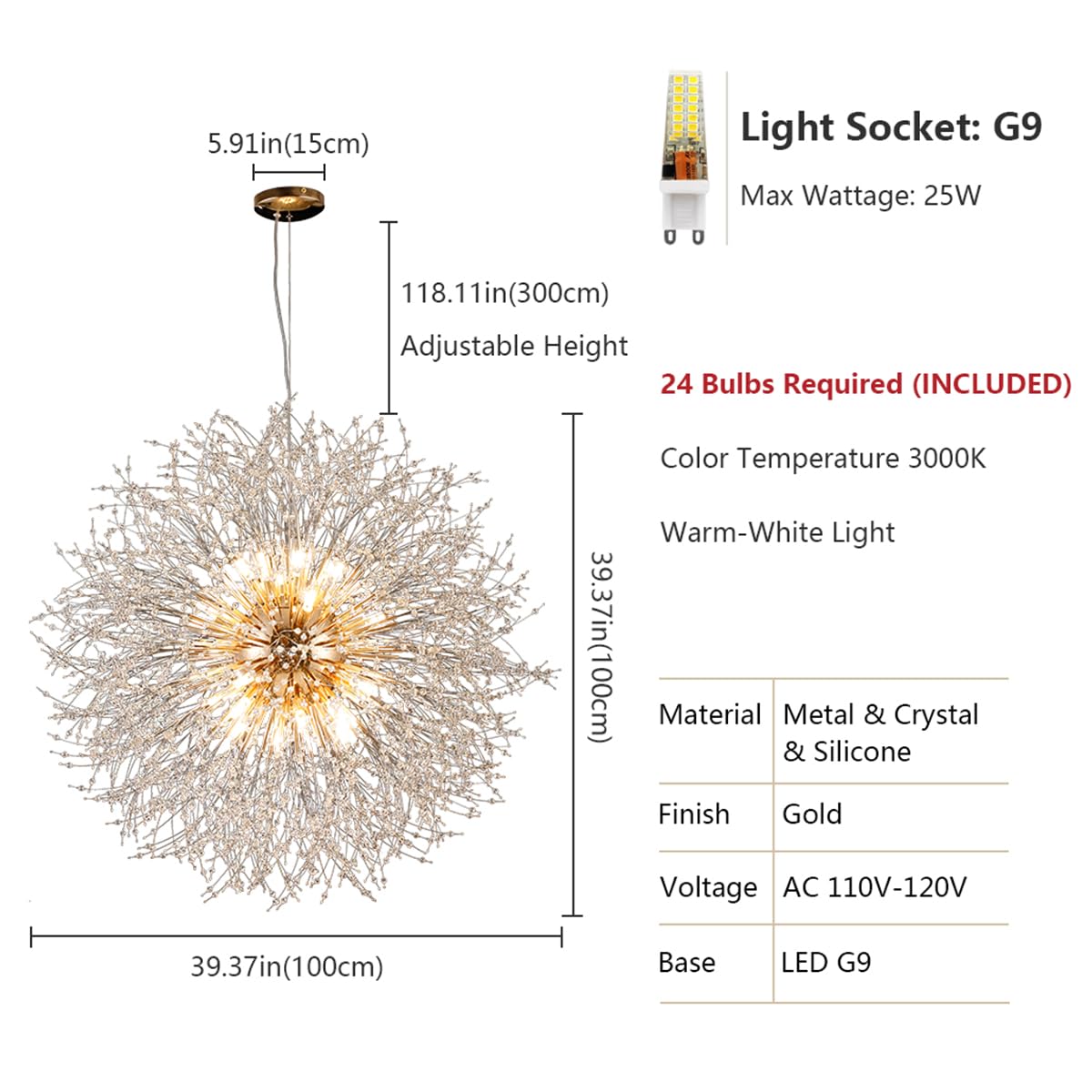 Isamacc Modern Crystal Chandelier Gold, 24-Light Large Firerwork Chandelier for Living Room, 39.3" Crystal Sputnik Pendant Lighting for Entry Hallway Foyer