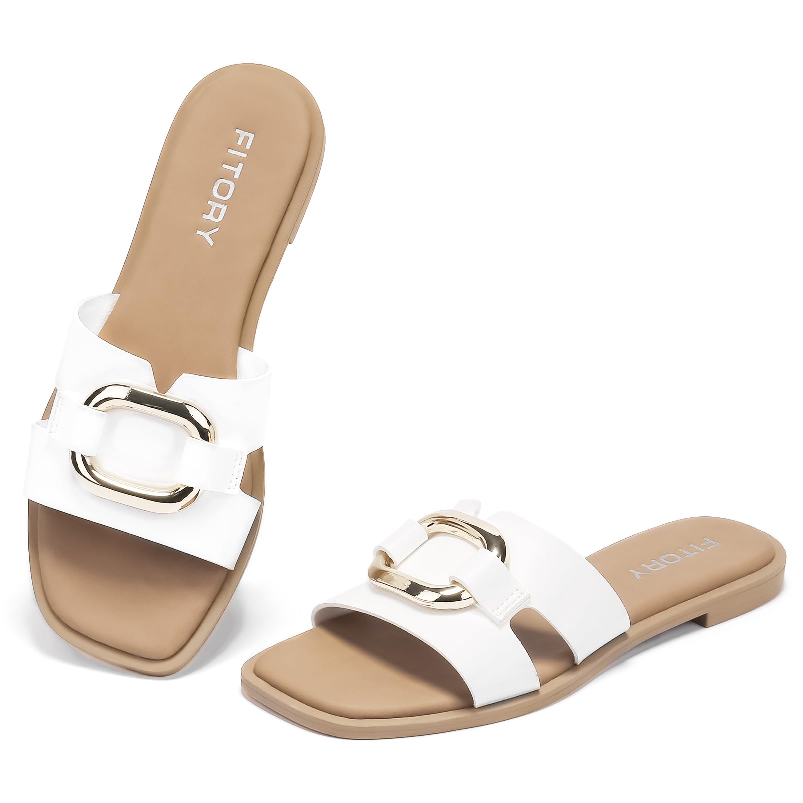 FITORY Women's Flat Sandals Fashion Square Open Toe Slides With Metal Chain Slippers for Summer Size 8 White