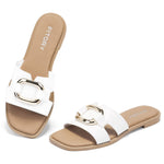 Load image into Gallery viewer, FITORY Women&#39;s Flat Sandals Fashion Square Open Toe Slides With Metal Chain Slippers for Summer Size 8 White
