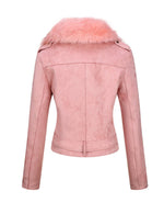 Load image into Gallery viewer, Bellivera Women's Faux Leather Suede Jacket Motocycle Sherpa-Lined Coat with Removable Fur Collar 8830 Pink M
