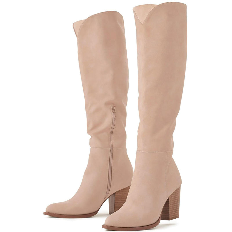 Putu Womens's Knee High Boots High Heel Western Boots Pointed Toe Tall Boots Faux Leather Nude 5.5