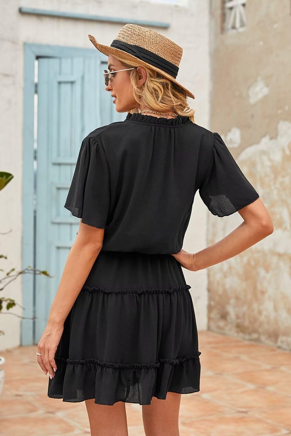Dokotoo Womens Cute Spring Summer Casual Sexy Deep V Neck Ruffle Chiffon Lantern Short Sleeve Elegant Empire Waist Flowy Mini Short Skirt Dresses for Women Party 2025 Black US 8 10