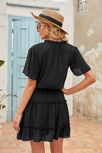 Dokotoo Womens Cute Spring Summer Casual Sexy Deep V Neck Ruffle Chiffon Lantern Short Sleeve Elegant Empire Waist Flowy Mini Short Skirt Dresses for Women Party 2025 Black US 8 10