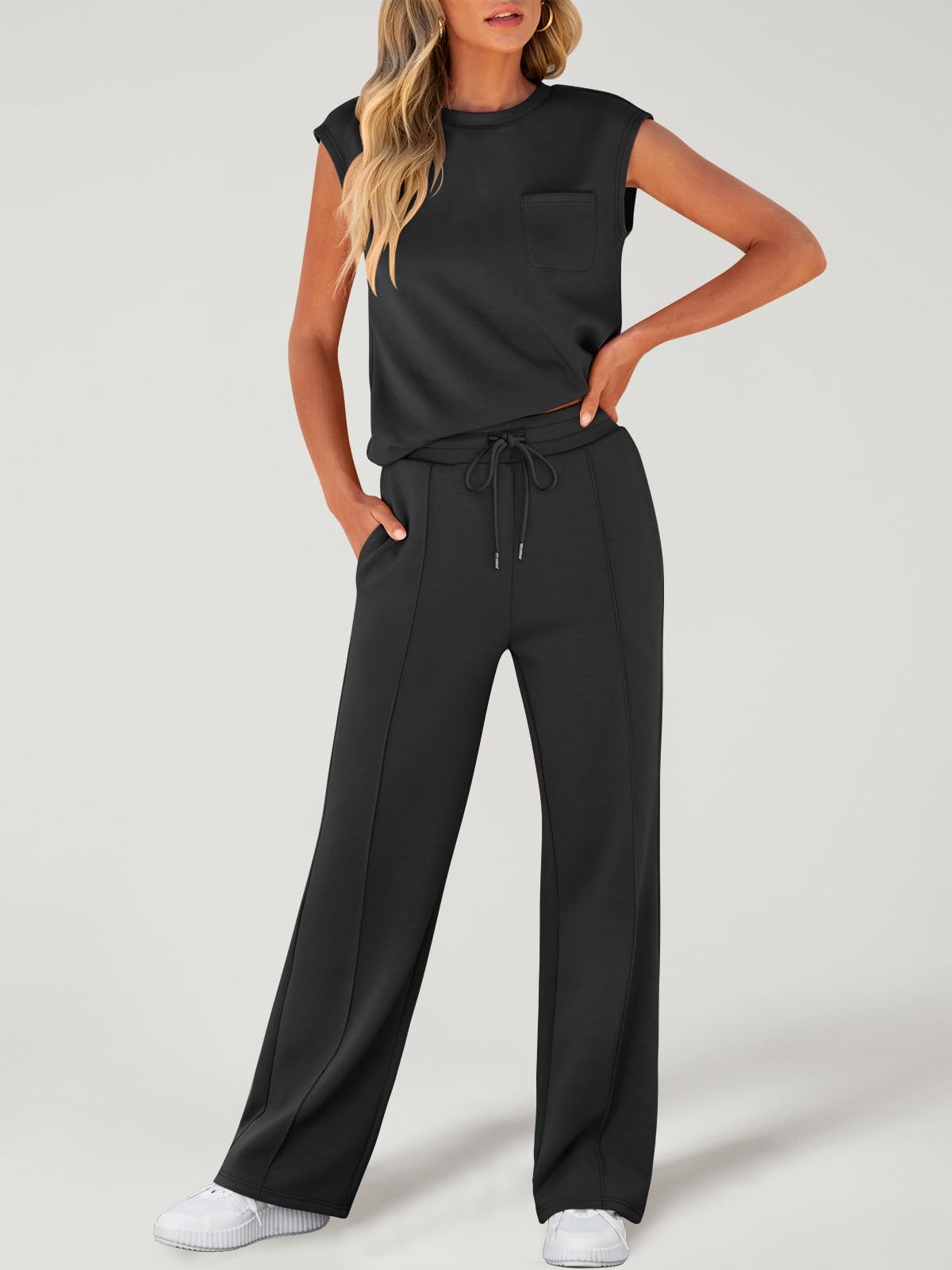 ANRABESS Two Piece Sets for Women Summer Sleeveless Sweatsuits Wide Leg Casual Lounge Set Matching Vacation Travel Outfits Medium