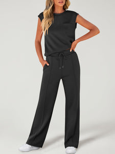 ANRABESS Two Piece Sets for Women Summer Sleeveless Sweatsuits Wide Leg Casual Lounge Set Matching Vacation Travel Outfits Medium