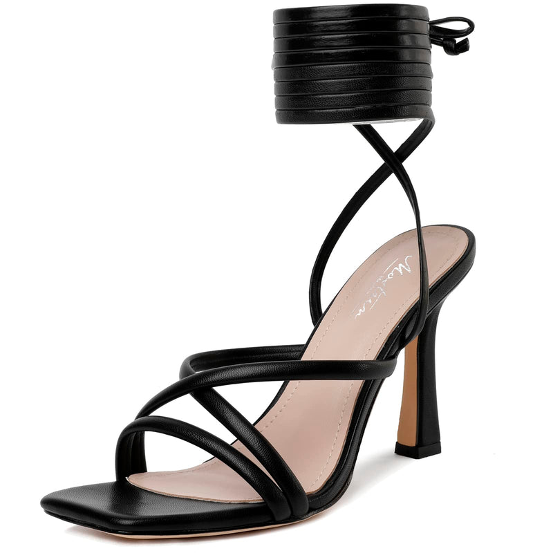 Mostrin Black Strappy Heels for Women Lace Up Heels Tie Up Stiletto High Heeled Sandals Square Open Toe Heels for Prom, Party Size 9