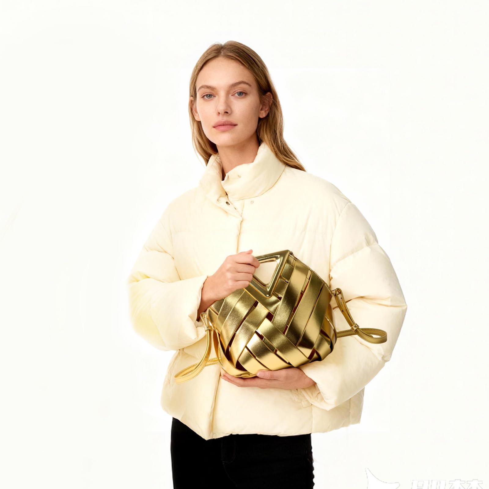 Designer Inspired Woven Bucket Bag for Women, Vegan Leather Multi-functional Crossbody Tote Purse Retro Style (Gold)