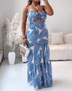 Load image into Gallery viewer, CHICME Floral Printed Prom Dress Drawstring Ruched Shirred Bandeau Party Dress Slim Fit Ruffle Hem Wedding Guest Dresses Blue-M
