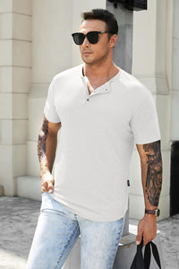JMIERR Mens Muscle Slim Fit Button Henley Shirts Summer Crewneck Short Sleeve Longline Fitted T-Shirt Gym Workout Athletic Tee Shirt for Man, 2XL, White