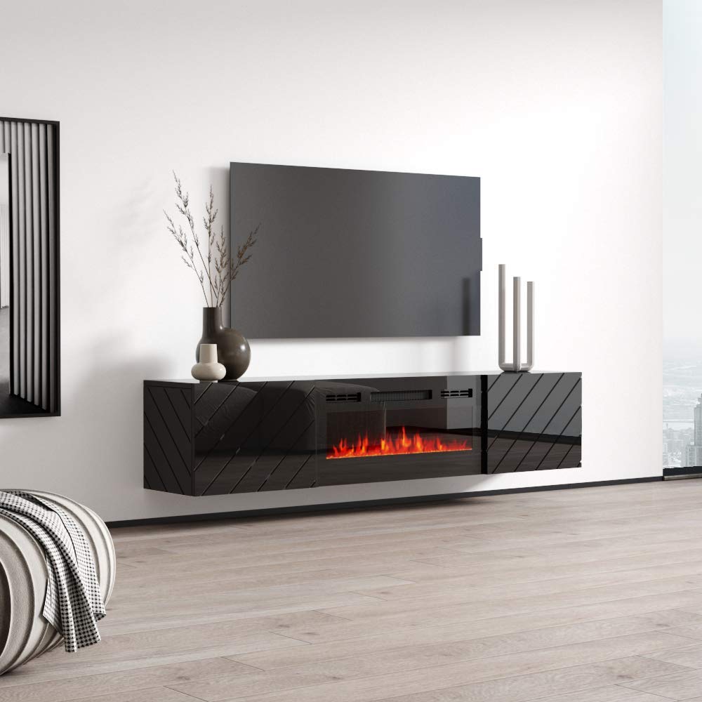 Meble Furniture Luxe BL-EF Floating Fireplace TV Stand - Modern High Matte TV Stand with Storage Cabinets - Central Entertainment Center Console Table for TVs up to 80" - Black