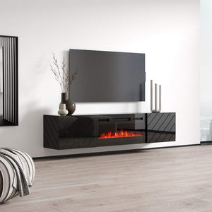Meble Furniture Luxe BL-EF Floating Fireplace TV Stand - Modern High Matte TV Stand with Storage Cabinets - Central Entertainment Center Console Table for TVs up to 80" - Black