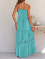 Load image into Gallery viewer, ZESICA Women's 2025 Summer Bohemian Strapless Off Shoulder Lace Trim Backless Flowy A Line Beach Long Maxi Dress,Aqua,Medium
