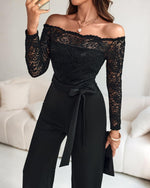 Load image into Gallery viewer, Women Off Shoulder Long Sleeve Black Jumpsuit Floral Embroidery Lace Overalls Casual Wide Leg Rompers with Belt Black-L
