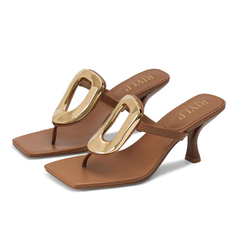 RJYLP Brown Flip Flop Heels Sandals for Women Metal Kitten Heels Thong Sandals Slip on Comfort Square Toe Casual Fashion Summer Flip Flops Shoes