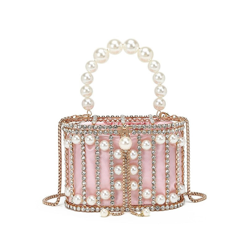 Tasysain Women Rhinestone Cage Bag Sparkling Hollow Pearl Evening Clutch Glitter Double-layer Detachable Basket Handbag, Pink