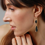 Load image into Gallery viewer, Black and Gold Tone Earrings for Women - Simulated Druzy Drop Dangles - Long Double Teardrop Dangly Earrings for Women, Gold Tone - Black Stone
