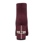 Load image into Gallery viewer, XINIUNIU Ankle Boots for Women Burgundy Booties Block Chunky Heeled Metal Square Toe Suede Front Zipper 3 Inch Dressy Short Boot Size 7.5
