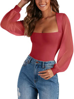 Load image into Gallery viewer, PINKMSTYLE Sexy Bodysuits for Women Classic Square Neck Long Sleeve Slim Fit Shirts Sheer Mesh Trendy Going Out Tops Cute Office Red Medium
