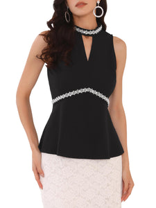 WOMLAYOUT Women's Halter Tops Beaded Mock Neck Keyhole Sleeveless Cocktail Peplum Blouse Large Black