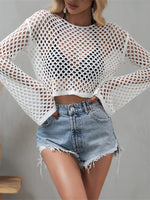 Load image into Gallery viewer, KEOMUD Women Mesh Crochet Crop Top Long Sleeve Hollow Out Knit Sweater Bikini Beach See Through Cover Ups A White Large
