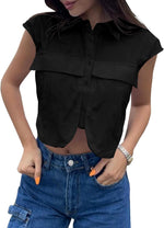 Load image into Gallery viewer, Tankaneo Womens Button Down Shirts Cute Summer Cap Sleeve Crop Tops Blouse Black
