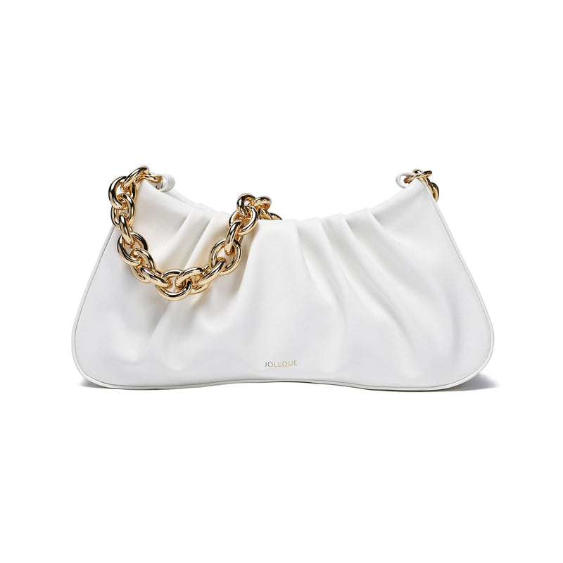 JOLLQUE Shoulder Bag for Women,Small Leather Dumpling Bags Handbag Purse,Gold Chain Evening Clutch Purses with Heavy Aluminum Metal Chain(White)