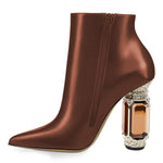 Load image into Gallery viewer, FSJ Women Chic Pointed Toe Crystal Chunky Block High Heel Ankle Boots Glossy Side Zipper Casual Daily Fashion Ladies Shoes Size 7 Brown
