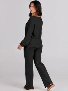 ANRABESS Women 2 Piece Outfits Sweater Lounge Sets Long Sleeve Cable Knit Pullover and Wide Leg Pants Tracksuit Matching Set Black Medium