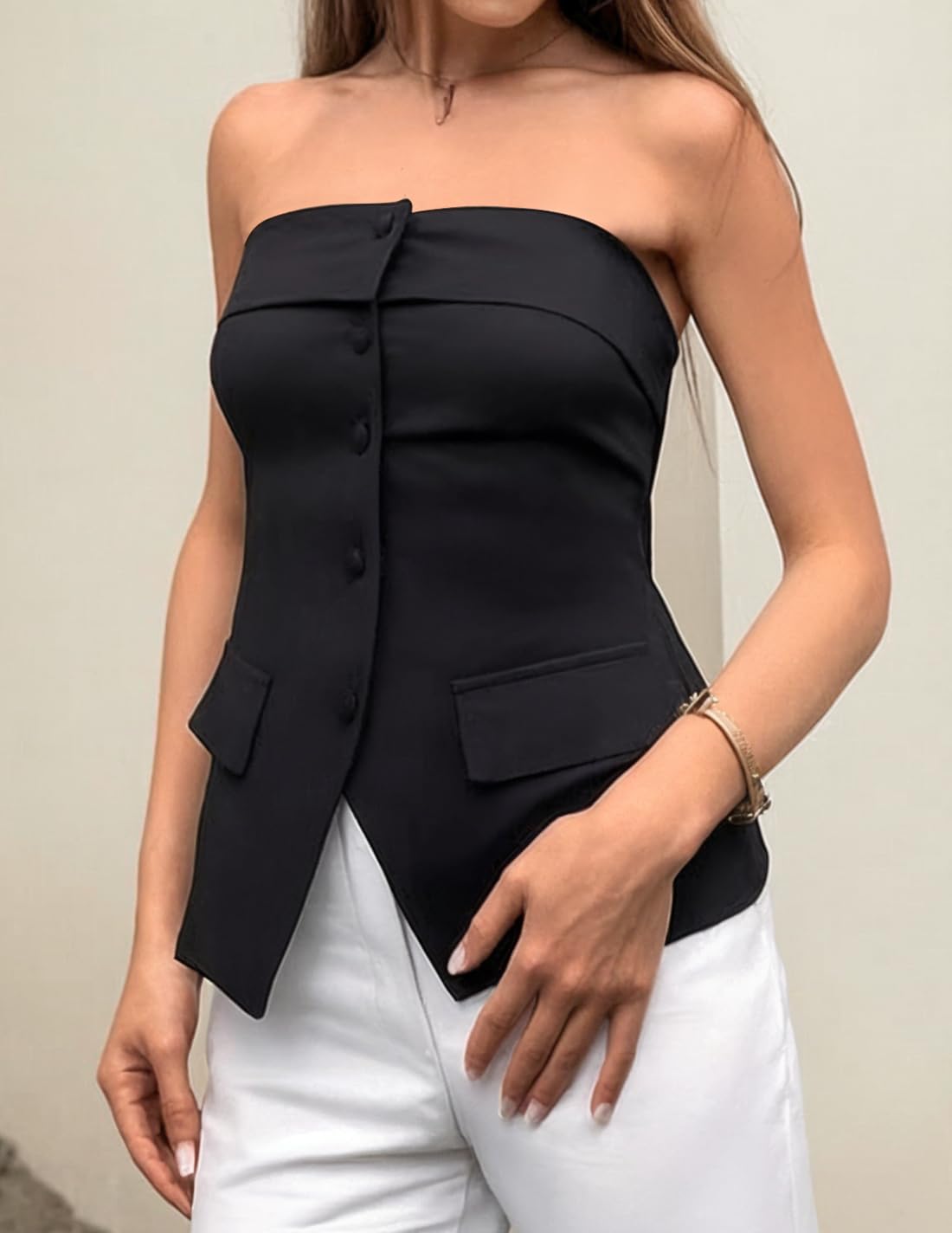 ZESICA Women's 2025 Trendy Strapless Blazer Vests Summer Dressy Tube Vest Tops Elegant Clothes,Black,Medium