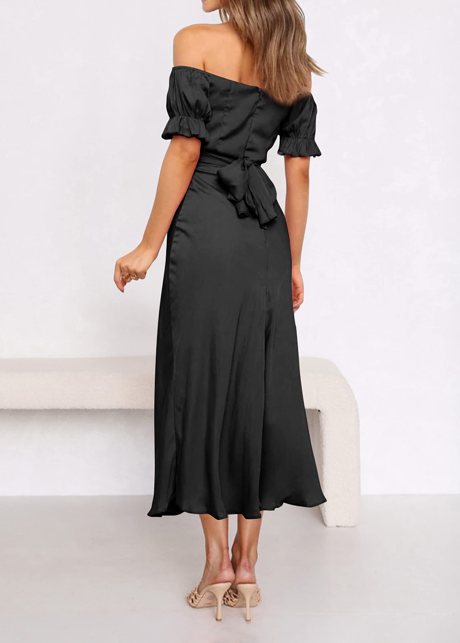 KIRUNDO Women's 2025 Summer Satin Midi Dress Off The Shoulder Wrap Ruched Wedding Guest Party Cocktail Formal Prom Dresses (Black, Medium)